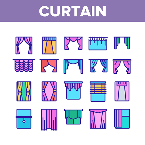 Curtain Collection Decor Elements Icons Set Vector Thin Line. Decoration Of Room And Theater Satin And Fabric Curtain And Louvers Concept Linear Pictograms. Color Contour Illustrations