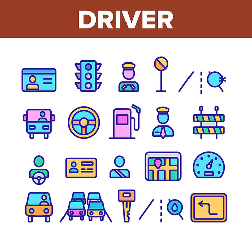 Driver Collection Car Elements Icons Set Vector Thin Line. Driver Silhouette And Road Mark, Traffic Light And License, Gps Navigator And Key Concept Linear Pictograms. Color Contour Illustrations