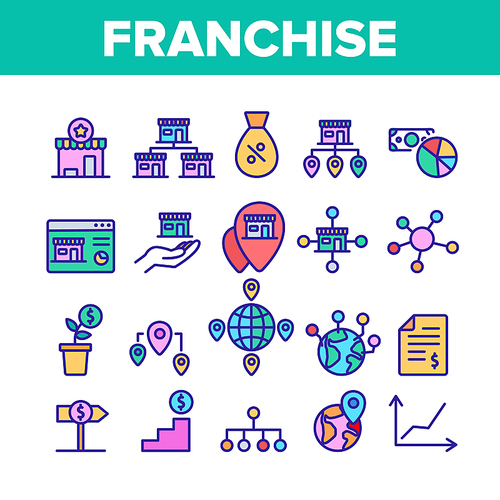 Franchise Collection Elements Icons Set Vector Thin Line. Home Office And Corporate Headquarters, Globe With Gps Mark And Web Site Franchise Concept Linear Pictograms. Color Contour Illustrations