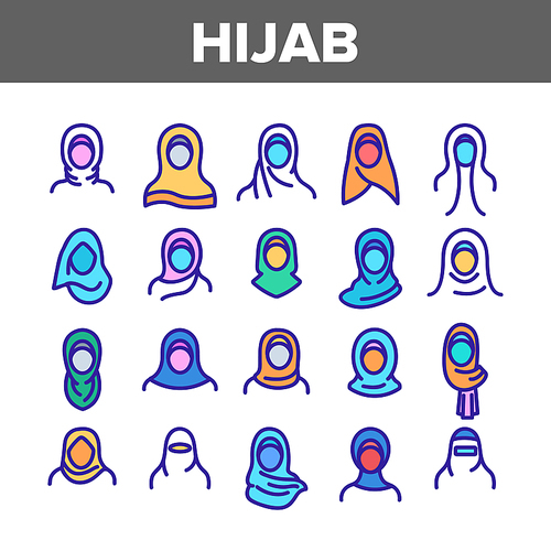 Hijab Collection Muslim Elements Icons Set Vector Thin Line. Women Silhouette In Arabian Traditional Hijab Concept Linear Pictograms. Islamic Lifestyle Color Contour Illustrations