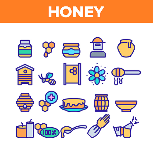 Honey Product Collection Elements Icons Set Vector Thin Line. Bottle With Honey And Bee, Flower And Honeycomb, Hive And Beekeeper Concept Linear Pictograms. Color Contour Illustrations