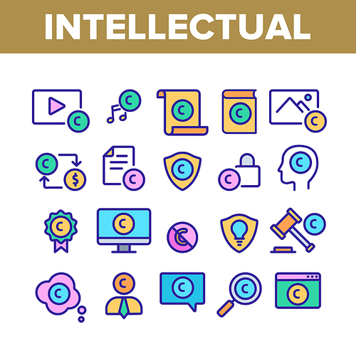 Intellectual Property Collection Icons Set Vector Thin Line. Human Silhouette, Video And Music, Book And Web Site Intellectual Property Concept Linear Pictograms. Color Contour Illustrations