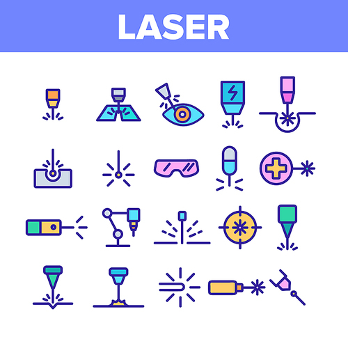 Laser Beam Collection Elements Icons Set Vector Thin Line. Optical Equipment And Technology Laser, Eye Protective Glasses And Target Concept Linear Pictograms. Color Contour Illustrations