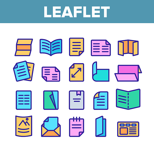 Leaflet Paper Collection Elements Icons Set Vector Thin Line. Print Leaflet And Brochure, Flyer And Document, Mail Message And Booklet Concept Linear Pictograms. Monochrome Color Illustrations