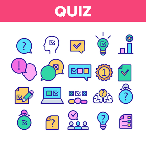 Quiz Game Collection Elements Icons Set Vector Thin Line. Question And Answer, Questionnaire And Information, Quiz Test And Think Concept Linear Pictograms. Color Contour Illustrations