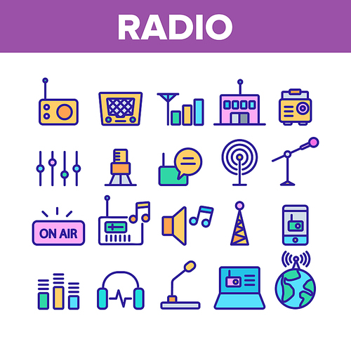 Radio Program Collection Elements Icons Set Vector Thin Line. Modern And Vintage Radio Device, Microphone And Headphones Concept Linear Pictograms. Color Contour Illustrations