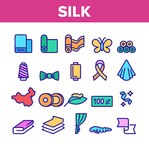 Silk Collection Fabric Elements Icons Set Vector Thin Line. Textile And Cotton, Wool And Silk Material, Butterfly And Curtain Concept Linear Pictograms. Color Contour Illustrations