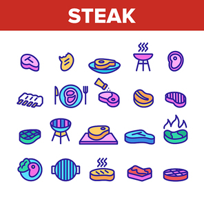 Meat Steak Collection Elements Icons Set Vector Thin Line. Steak And Ribs, Bonfire And Gas, Fried Beef And Barbecue Bbq, Spices And Grill Concept Linear Pictograms. Color Contour Illustrations