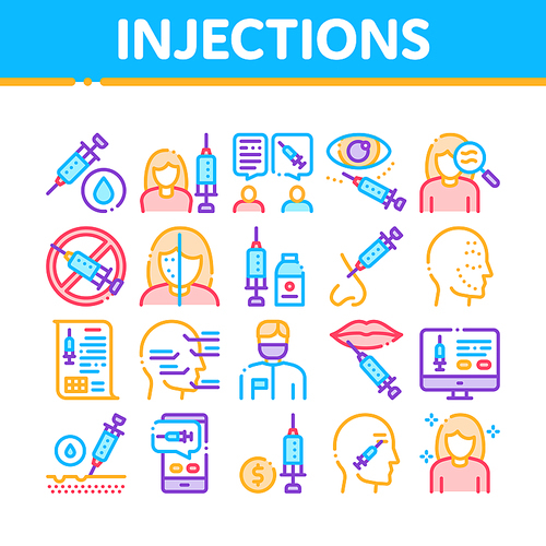 Injections Collection Elements Icons Set Vector Thin Line. Anti-ageing Treatments Procedure, Fillers Medical Cosmetic Injections Concept Linear Pictograms. Color Contour Illustrations