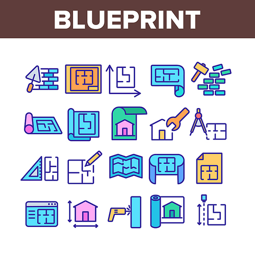 Blueprint Architecture Collection Icons Set Vector. House Project On Blueprint, Brick Wall With Construction Spatula, Hammer And Puncher Concept Linear Pictograms. Color Illustrations