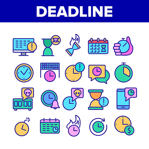 Deadline Time Over Collection Icons Set Vector. Deadline Time Management, Calendar And Clock, Stopwatch And Hourglass, Bomb And Phone Concept Linear Pictograms. Color Illustrations