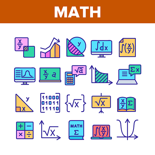 Math Science Education Collection Icons Set Vector. Math Formula And Function, Geometry Figure And Binary Code, Calculator And Book Concept Linear Pictograms. Color Illustrations