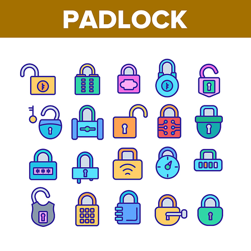 Padlock Security Tool Collection Icons Set Vector. Opened And Closed Padlock, Electronic Password And Key, Accessory With Blank Label Concept Linear Pictograms. Color Illustrations