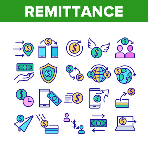 Remittance Finance Collection Icons Set Vector. International Electronic Remittance, Money Dollar Banknote And Coin, Bank Card And Shield Concept Linear Pictograms. Color Illustrations