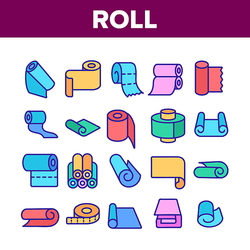 Roll And Reel Material Collection Icons Set Vector. Toilet Paper And Textile Roll, Towel And Carpet, Scroll Whatman And Document List Concept Linear Pictograms. Color Illustrations