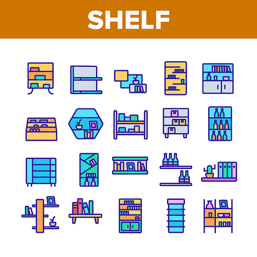 Shelf Room Furniture Collection Icons Set Vector. Shelf With Books And Drink, Documents And Domestic Plant, Shop Shelving And Bar Concept Linear Pictograms. Color Illustrations