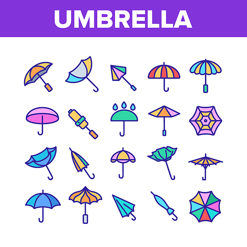 Umbrella Rain Protect Collection Icons Set Vector. Opened, Closed And Broken Umbrella, Classical Rainy Weather Protection Concept Linear Pictograms. Color Illustrations