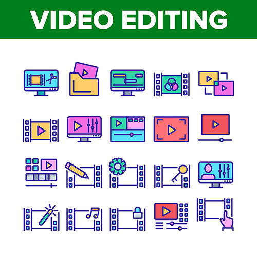 Video File Editing Collection Icons Set Vector. Video And Audio Edit, Cut And Bonding Media File, Setting And Security, Program Editor Concept Linear Pictograms. Color Illustrations