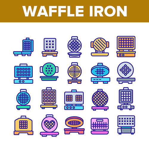 Waffle Iron Equipment Collection Icons Set Vector. Electronic Device For Bake Delicious Waffle In Round, Square And Heart Form Concept Linear Pictograms. Color Illustrations