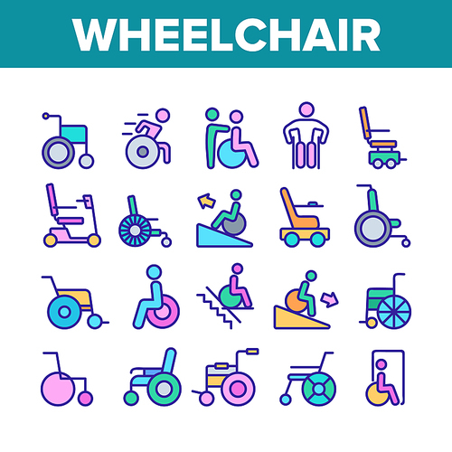 . for invalid collection icons set vector. manual and electric wheelchair for handicapped, ramp and lift for wheel chair concept linear pictograms. color illustrations