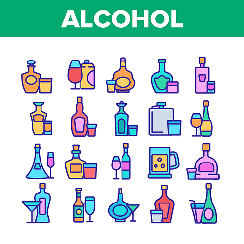 Alcohol Drink Bottles Collection Icons Set Vector. Tequila And Cognac, Vodka And Beer, Whiskey And Champagne Alcohol Beverage Concept Linear Pictograms. Color Illustrations