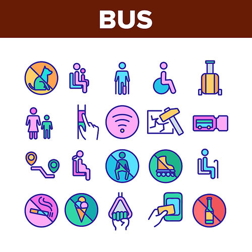 Bus Travel Prevent Collection Icons Set Vector. Crossed Dog And Alcohol, Food And Smoking Bus Marks, Wifi And Ticket, Invalid And Children Concept Linear Pictograms. Color Illustrations