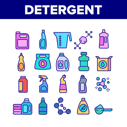 Detergent Cleaning Collection Icons Set Vector. Detergent Molecular Formula And Package With Cleanser, Measuring Bowl And Canister Concept Linear Pictograms. Color Illustrations