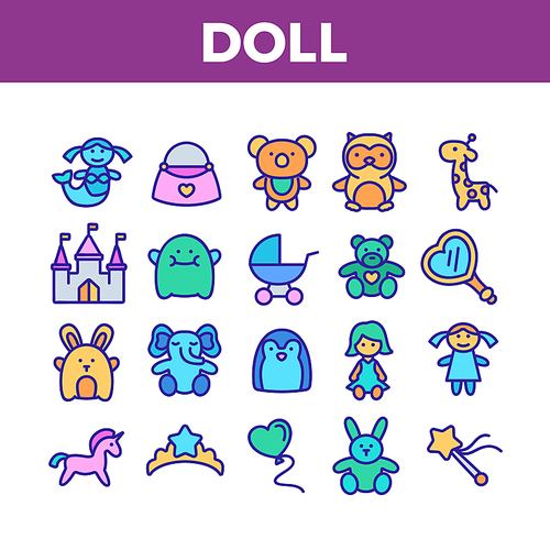 Doll Children Toys Collection Icons Set Vector. Playing Doll And Bear, Castle And Bag, Air Balloon And Mirror, Carriage And Unicorn Concept Linear Pictograms. Color Illustrations