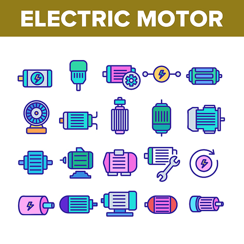Electronic Motor Tool Collection Icons Set Vector. Electronic Motor Equipment Repair With Wrench, Lightning Mark On Engine Concept Linear Pictograms. Color Illustrations