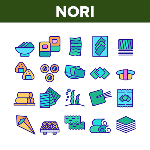 Nori Seaweed Asia Food Collection Icons Set Vector. Nori For Sushi And Rolls, Soup And Seafood, Heap Of Seafood, Package And Chopsticks Concept Linear Pictograms. Color Illustrations