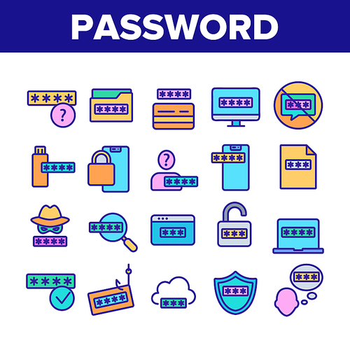 Password Protection Collection Icons Set Vector. Folder Security Password And Cloud Storage, Opened Padlock And Protect Shield Concept Linear Pictograms. Color Illustrations