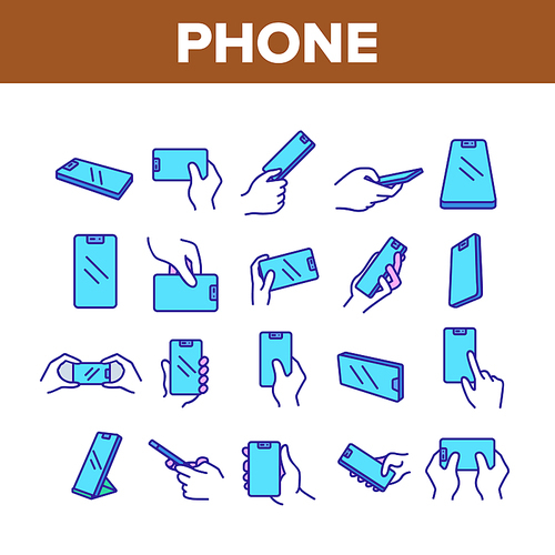 Smart Phone Technology Collection Icons Set Vector. Hand Holding Phone For Make Photo And Playing Game, Touchscreen Display Concept Linear Pictograms. Color Illustrations