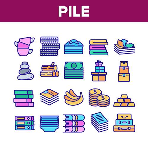 Pile Objects Things Collection Icons Set Vector. Pile Of Money Banknotes And Coins, Wood And Cases, Boxes And Banana, Cups And Plates Concept Linear Pictograms. Color Illustrations