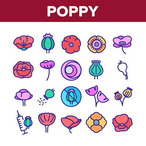 Poppy Natural Flower Collection Icons Set Vector. Poppy Seeds And Bouquet, Petals And Bud, Syringe With Drugs And Crossed Mark Concept Linear Pictograms. Color Illustrations
