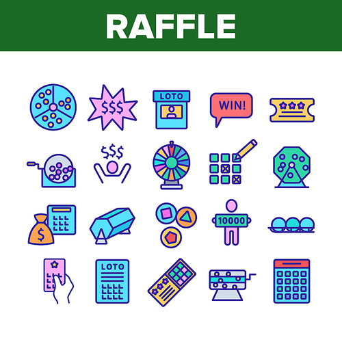 Raffle Gamble Lottery Collection Icons Set Vector. Raffle Ticket And Drum, Loto Balls And Money Bag, Bingo Winner And Prize Concept Linear Pictograms. Color Illustrations