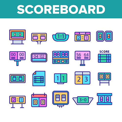 Scoreboard Game Tool Collection Icons Set Vector. Electronic And Write Scoreboard, Paper List And Board With Score, Championship Equipment Concept Linear Pictograms. Color Illustrations