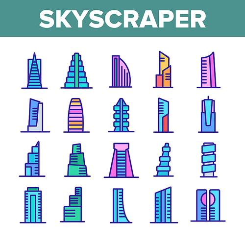 Skyscraper Building Collection Icons Set Vector. Architecture And Exterior Skyscraper, Business City House And Construction Concept Linear Pictograms. Color Illustrations
