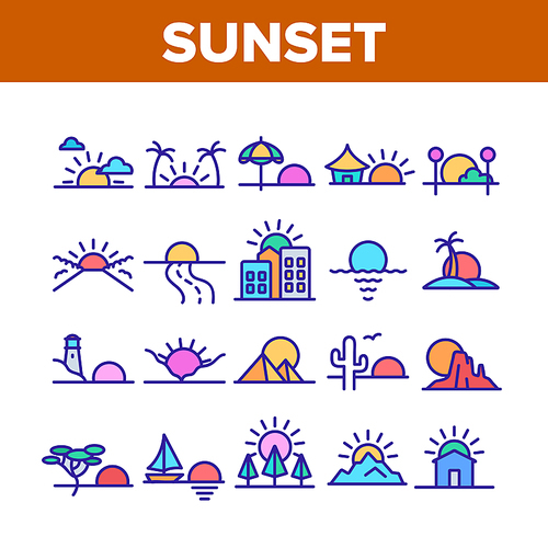Sunset Or Sunrise Collection Icons Set Vector. Sunset Over Of Ocean And Sea, Road And City, Beach And Park, Desert And Pyramids Concept Linear Pictograms. Color Illustrations