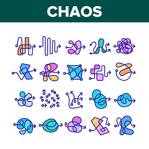 Chaos Arrow Movement Collection Icons Set Vector. Confused Complicated Way As Chaos Or Problem, Chaotic Direction, Negative Space Concept Linear Pictograms. Color Contour Illustrations