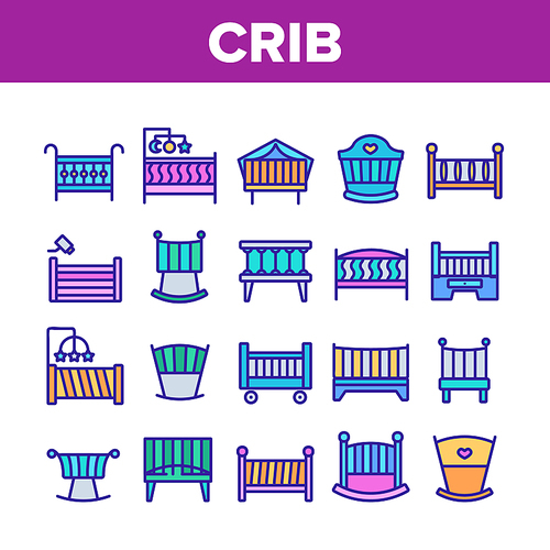 Crib Baby Infant Bed Collection Icons Set Vector. Wooden Crib With Hanging Toys, Heart Shape Mark, Comfortable Mattress For Newborn Child Concept Linear Pictograms. Color Contour Illustrations