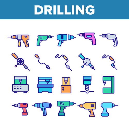 Drilling Equipment Collection Icons Set Vector. Perforator Drilling Electronic Device And Manual Tool Instrument, Industrial Machine Concept Linear Pictograms. Color Contour Illustrations