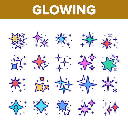 Glowing Shine Stars Collection Icons Set Vector. Glowing Sparkles, Christmas Fireworks Burst Explosion, Glitter Festive Fire Concept Linear Pictograms. Color Contour Illustrations