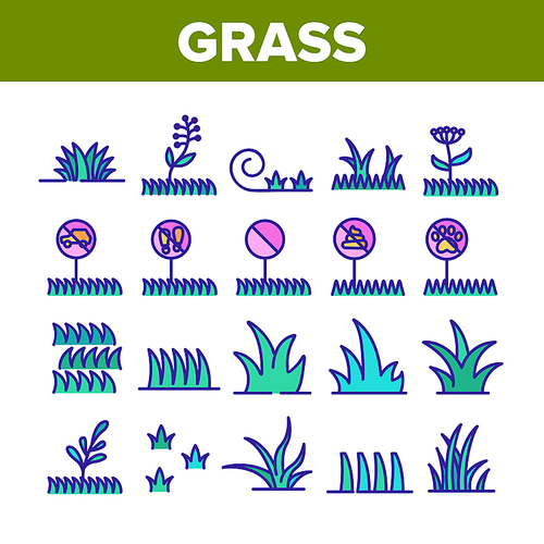 Grass Meadow Plant Collection Icons Set Vector. Garden Natural Glass With Mark Non-feet, No Animal, Growth Botanical Herb Concept Linear Pictograms. Color Contour Illustrations