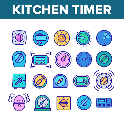 Kitchen Timer Tool Collection Icons Set Vector. Electronic And Mechanical Timer For Measurement And Alarm Cooking Time, Device In Egg Form Concept Linear Pictograms. Color Contour Illustrations