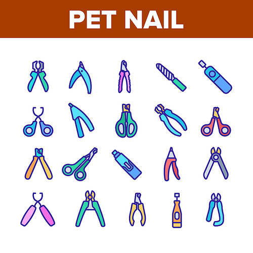 Pet Nail Clippers Collection Icons Set Vector. Cutting Pet Nail Scissors Accessory, Metallic Bottle Spray, Manicure Cut Tool Concept Linear Pictograms. Color Contour Illustrations