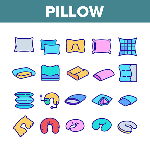 Pillow Orthopedic Collection Icons Set Vector. Comfortable Bed Pillow Memory Foam And Feather, Accessory For Travel And Bedroom Concept Linear Pictograms. Color Contour Illustrations