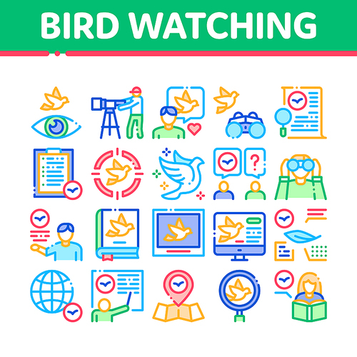 Bird Watching Tourism Collection Icons Set Vector. Bird Watching Photo Camera And Binocular Equipment, Traveler Tourist, Map And Book Concept Linear Pictograms. Color Contour Illustrations