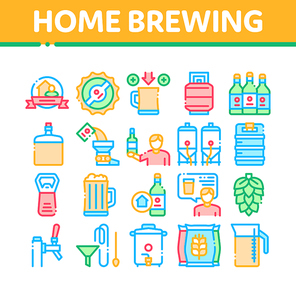 Home Brewing Beer Collection Icons Set Vector. Barrel And Bottle, Hops And Malt, Faucet And Opener Home Brewing Alcoholic Drink Concept Linear Pictograms. Color Contour Illustrations