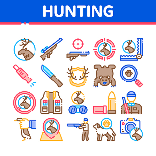 Hunting Equipment Collection Icons Set Vector. Hunting Gun And Knife, Bullet And Trap, Dog And Deer, Photo Camera And Magnifier Concept Linear Pictograms. Color Contour Illustrations
