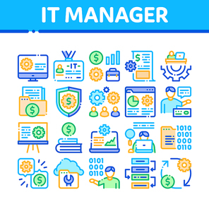 It Manager Developer Collection Icons Set Vector. It Manager Badge And Binary Code, Web Site Development And Programming Concept Linear Pictograms. Color Contour Illustrations